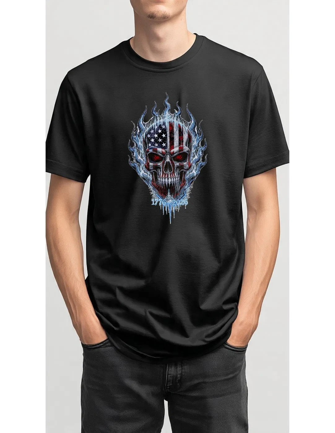 250th Anniversary Frostfire Skull Patriotic T-Shirt product view 2