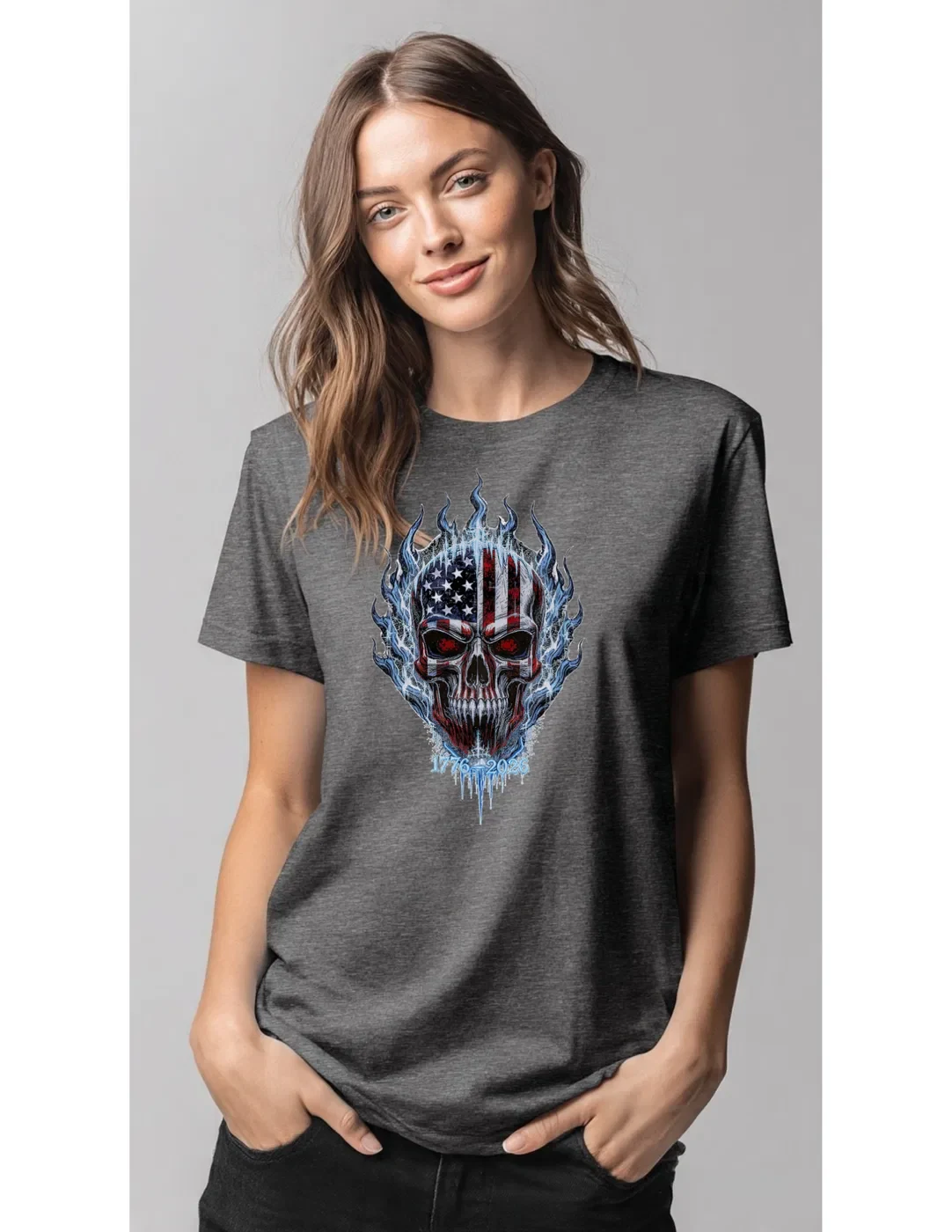 250th Anniversary Frostfire Skull Patriotic T-Shirt product view 3