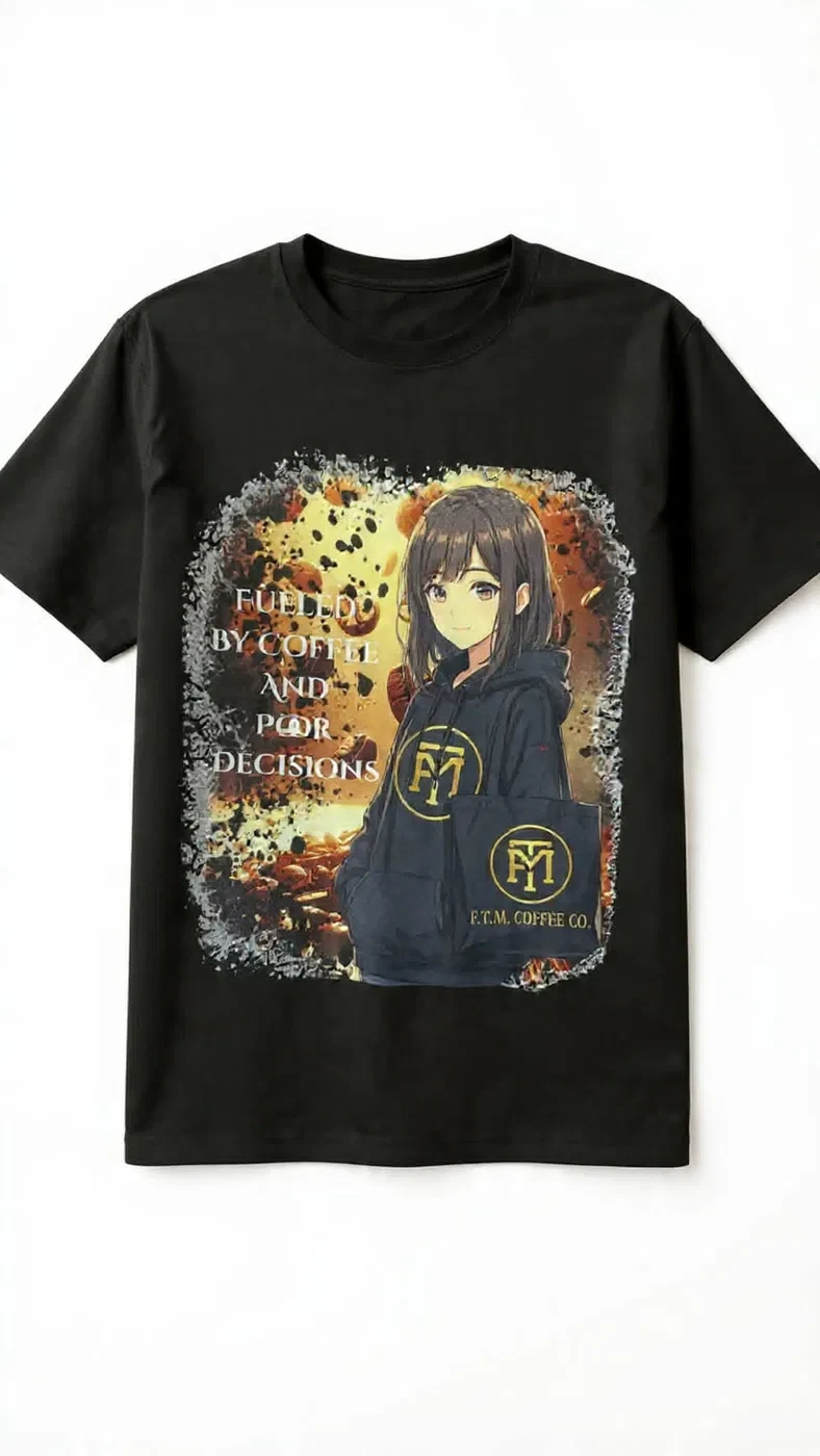 Fueled by Coffee and Poor Decisions Anime T-Shirt product view 2