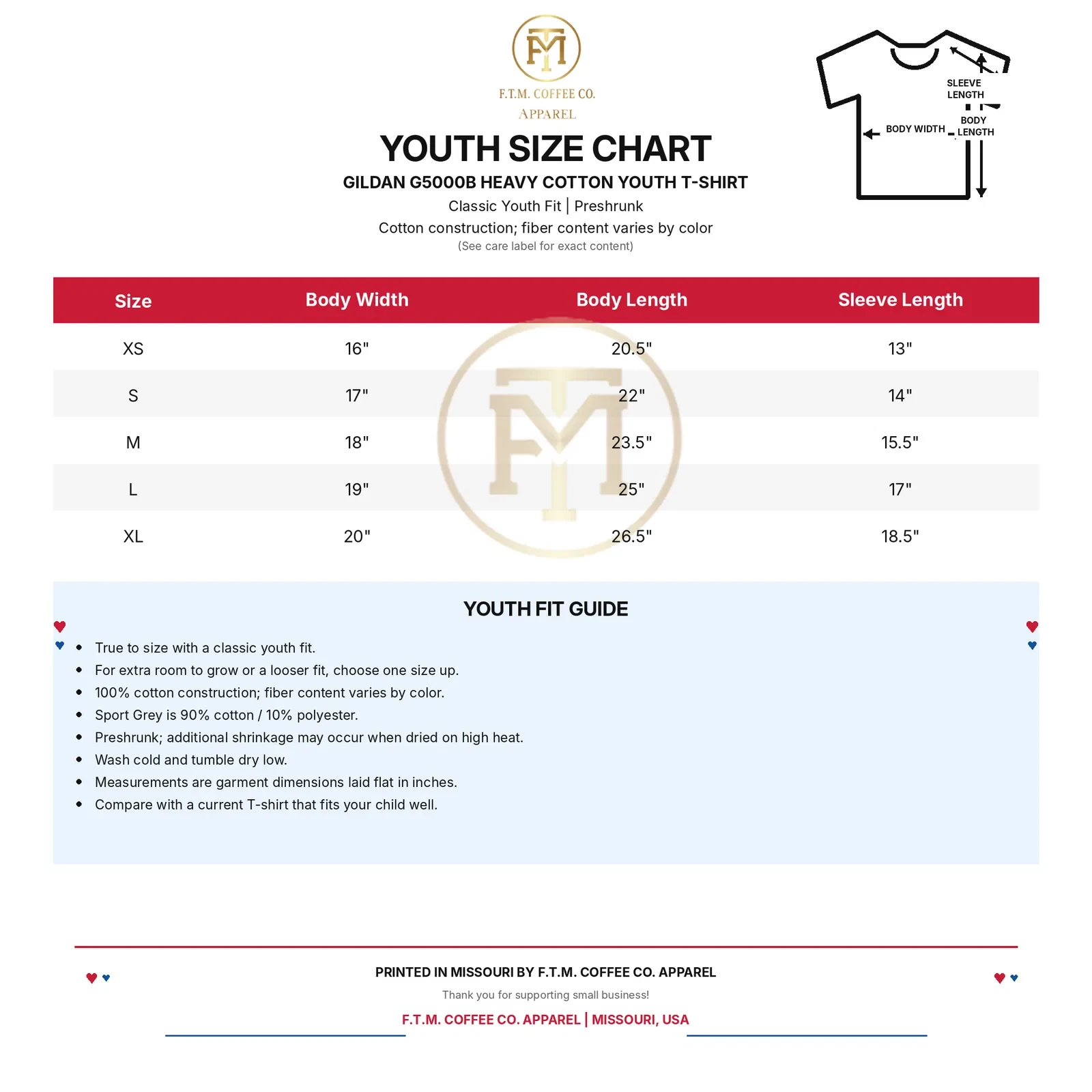 F.T.M. Coffee Co. youth Gildan G5000B size chart