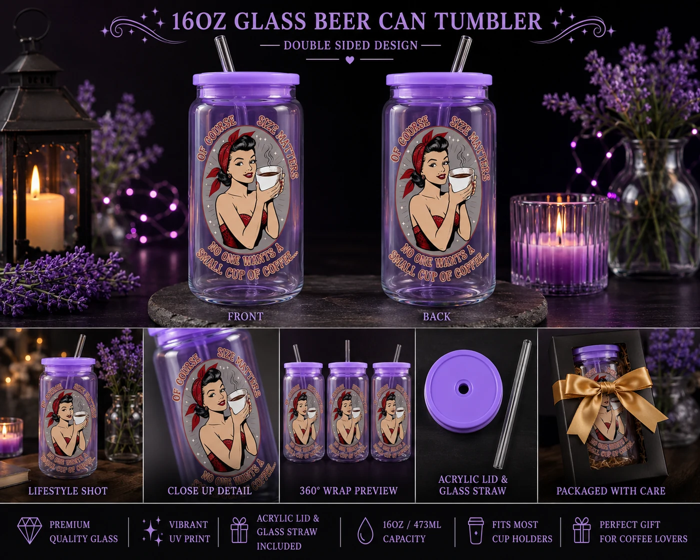 Finished Lavender Crystal Size Matters tumbler display