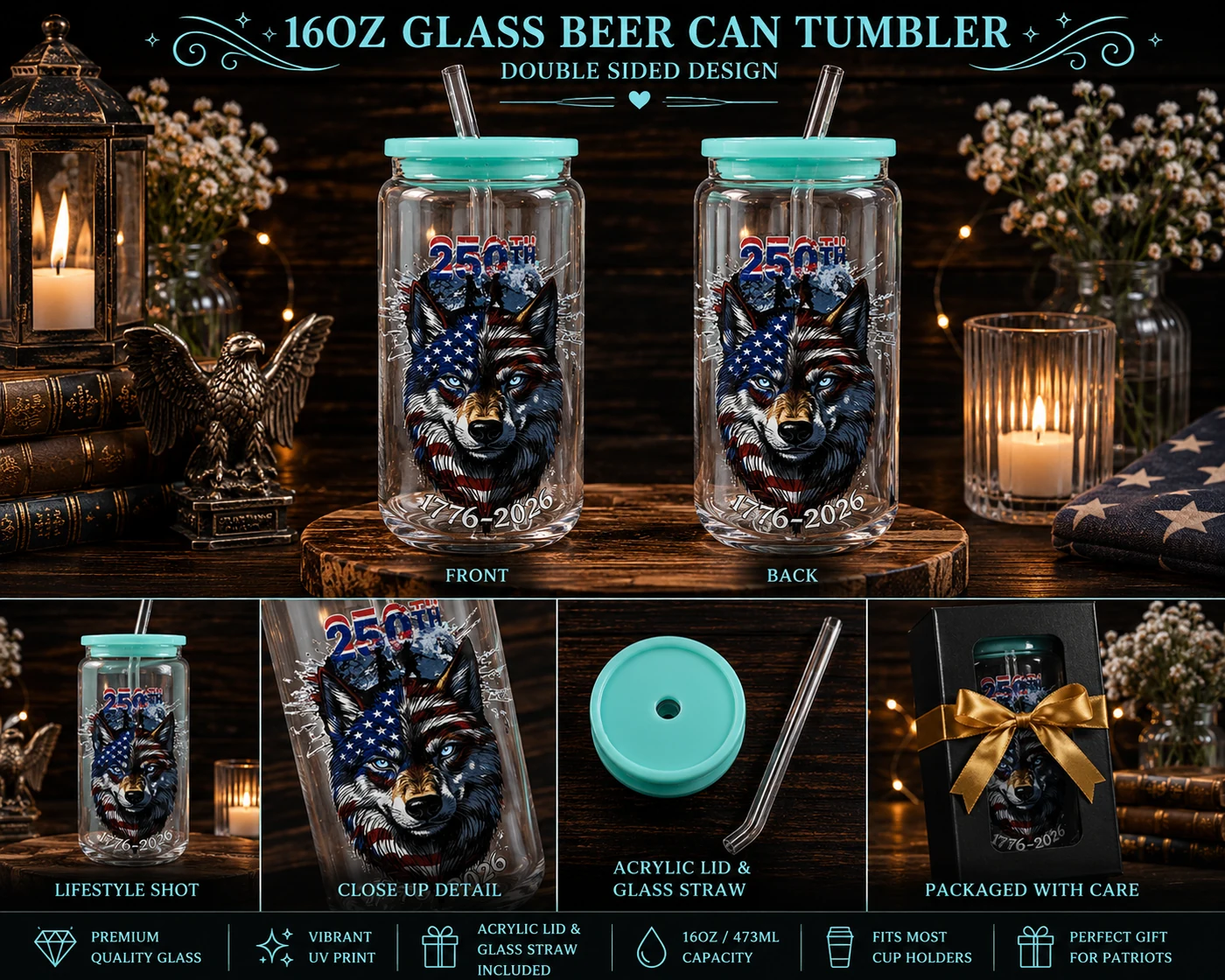 Finished Mint Crystal patriotic wolf tumbler display
