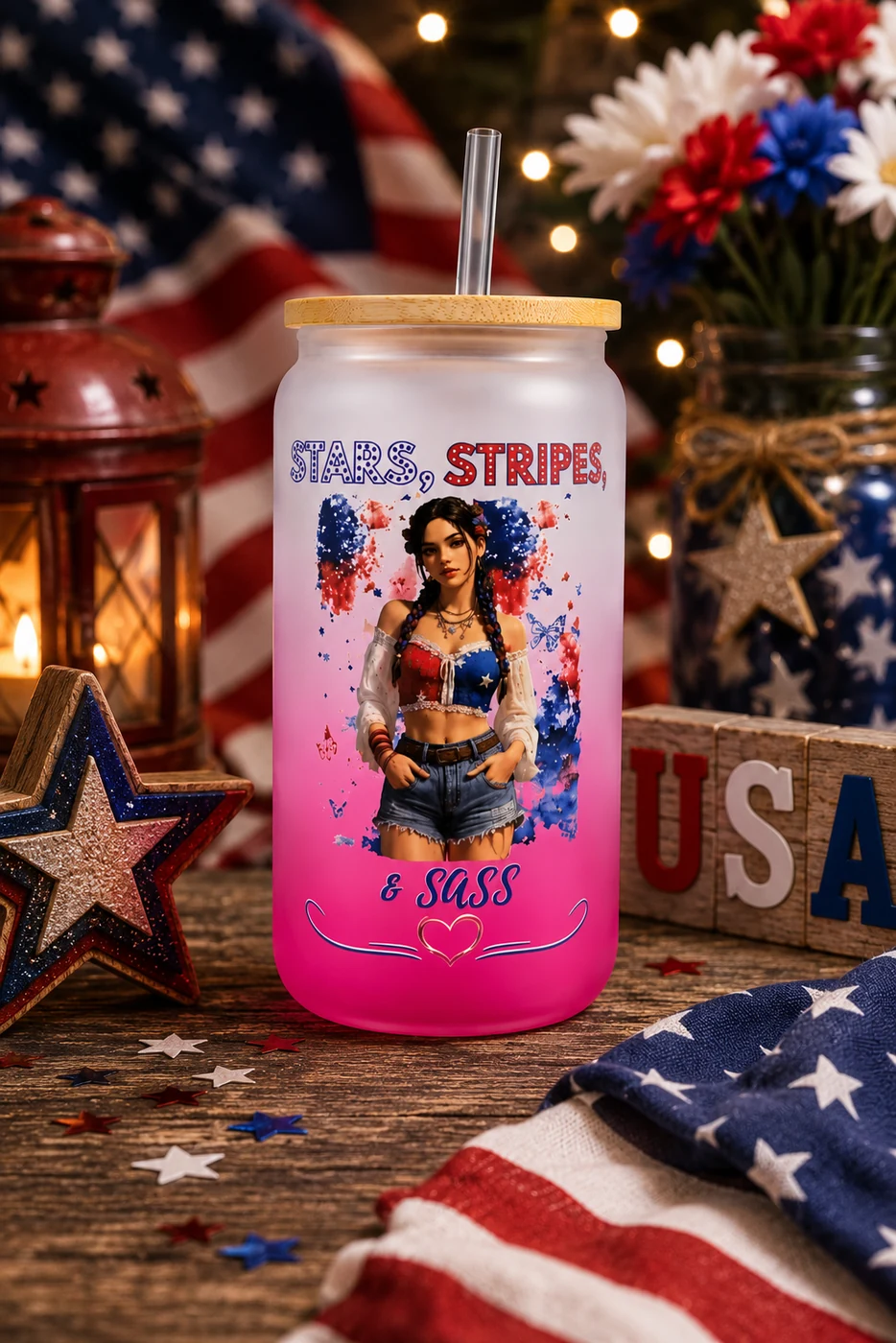 Finished Stars Stripes and Sass Frosted Gradient tumbler